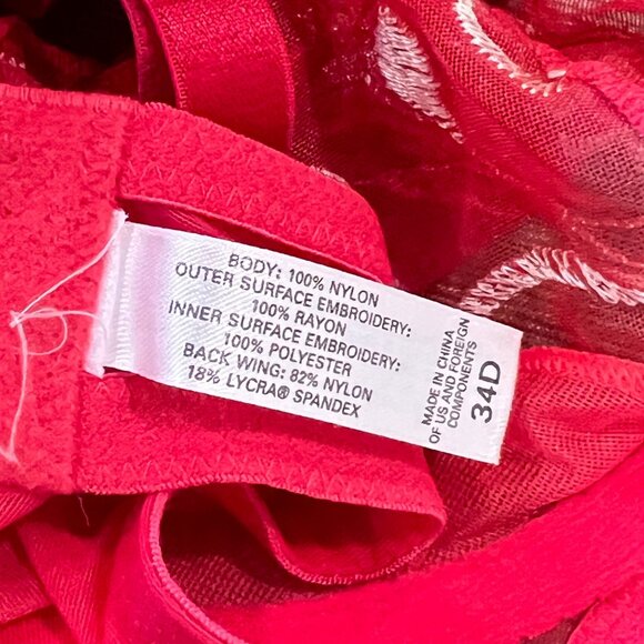 Red & White Embroidered Underwire Bra Size 34D Nylon & Polyester - Picture 4 of 5